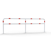 Protective railing | Steel tube  48 mm | Fixed postto be fixed by plugs | Corner post | hot-dip galvanized and white coatedwith red reflecting stripes
